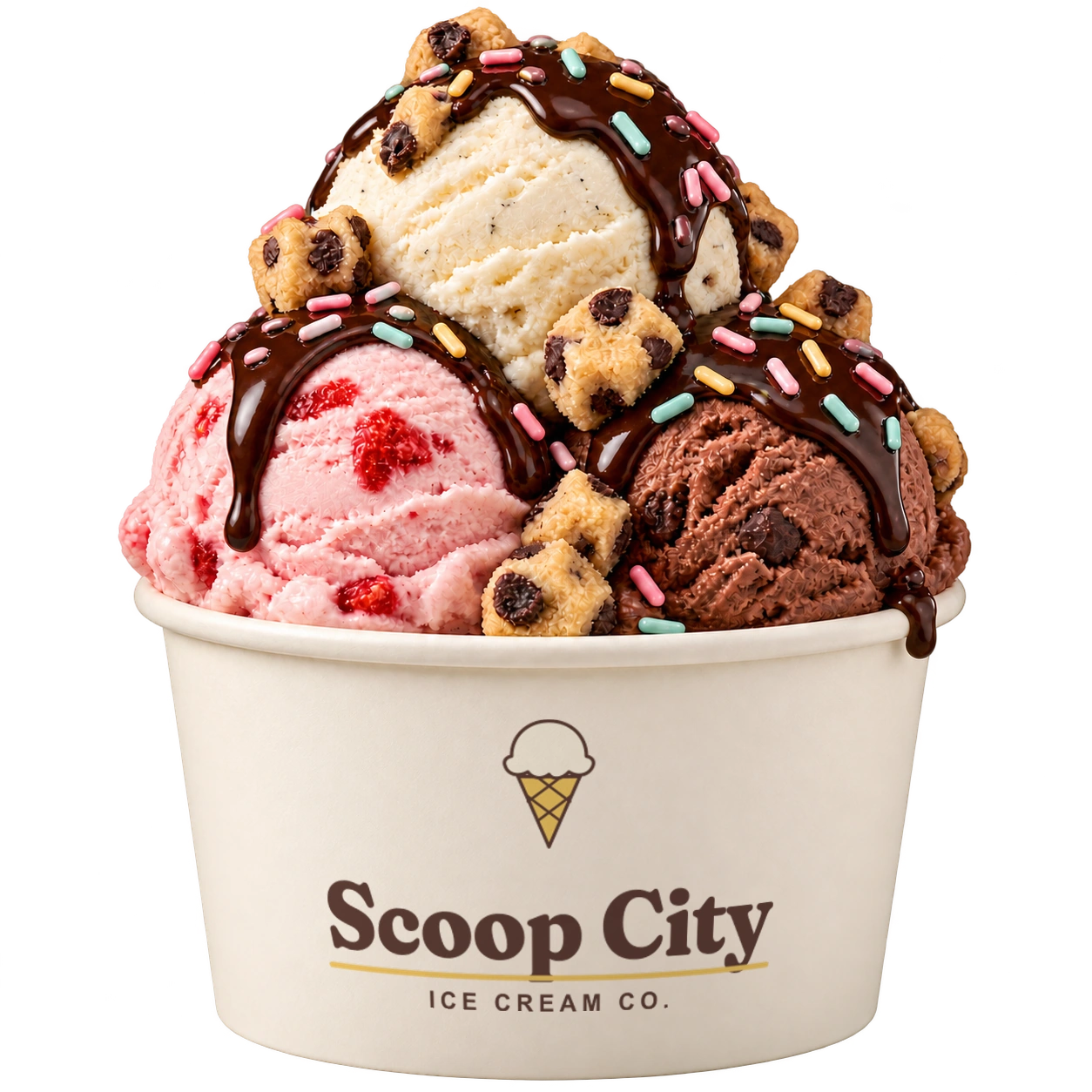 Ice cream piled with cookie dough, chocolate sauce and colorful sprinkles in a Scoop City Ice Cream Co. cup